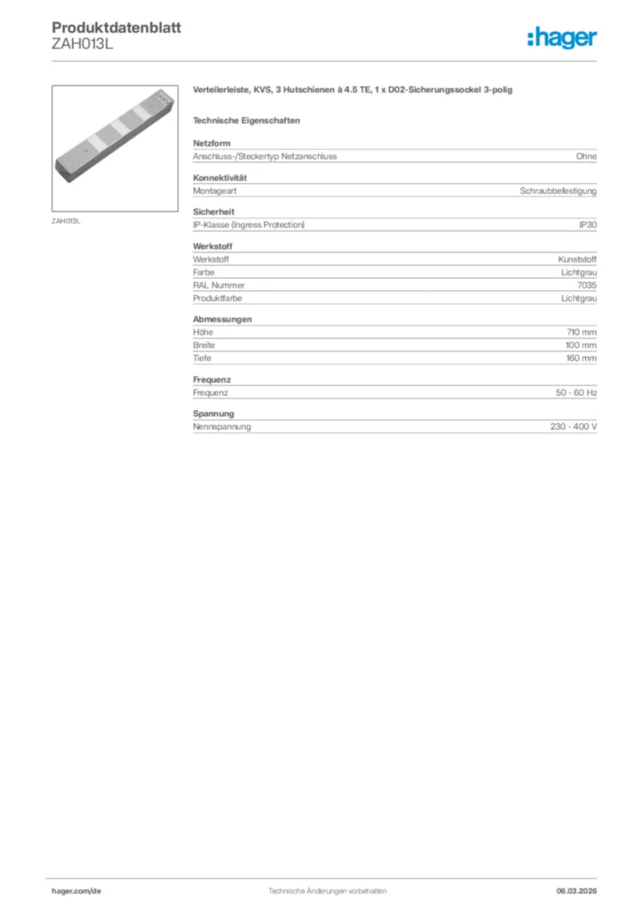 Bild Hager Produktdatenblatt ZAH013L | Hager Deutschland