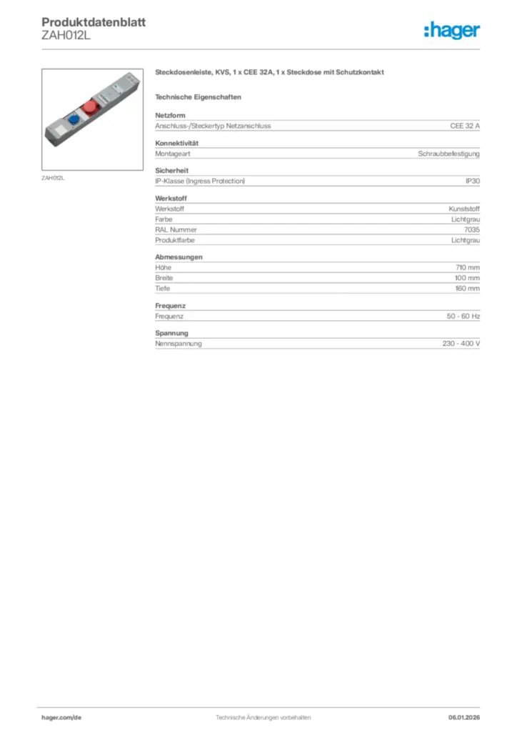Bild Hager Produktdatenblatt ZAH012L | Hager Deutschland