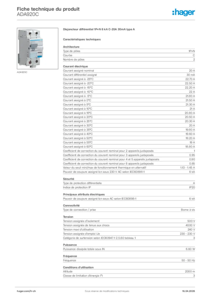 Image Hager Fiche technique du produit ADA920C | Hager Suisse