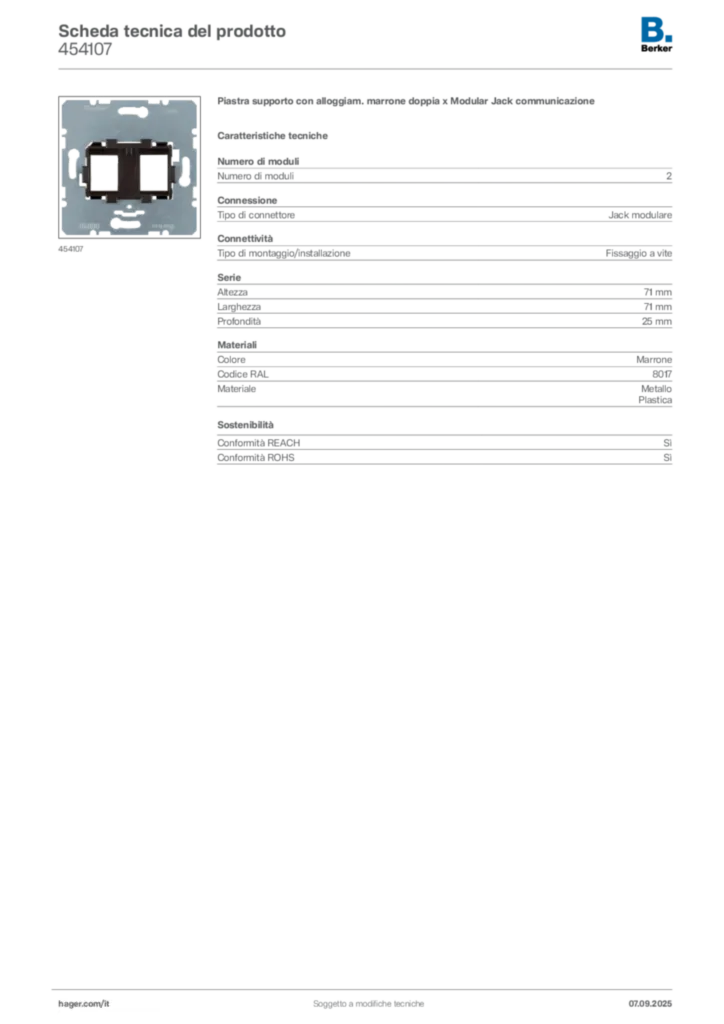 Immagine Berker Scheda tecnica del prodotto 454107 | Hager Italia