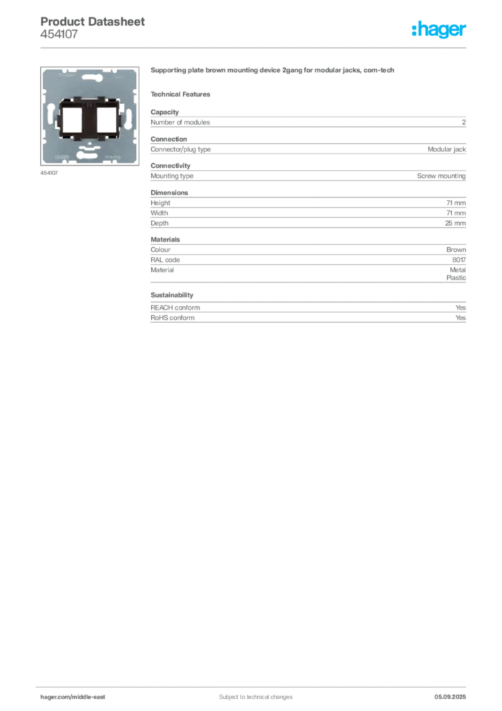 Image Hager Product data sheet 454107  | Hager