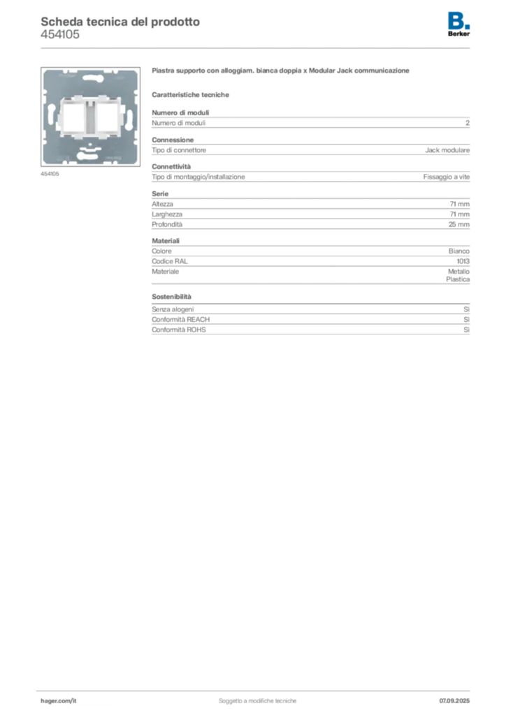 Immagine Berker Scheda tecnica del prodotto 454105 | Hager Italia
