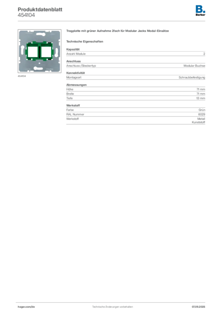 Bild Berker Produktdatenblatt 454104 | Hager Deutschland