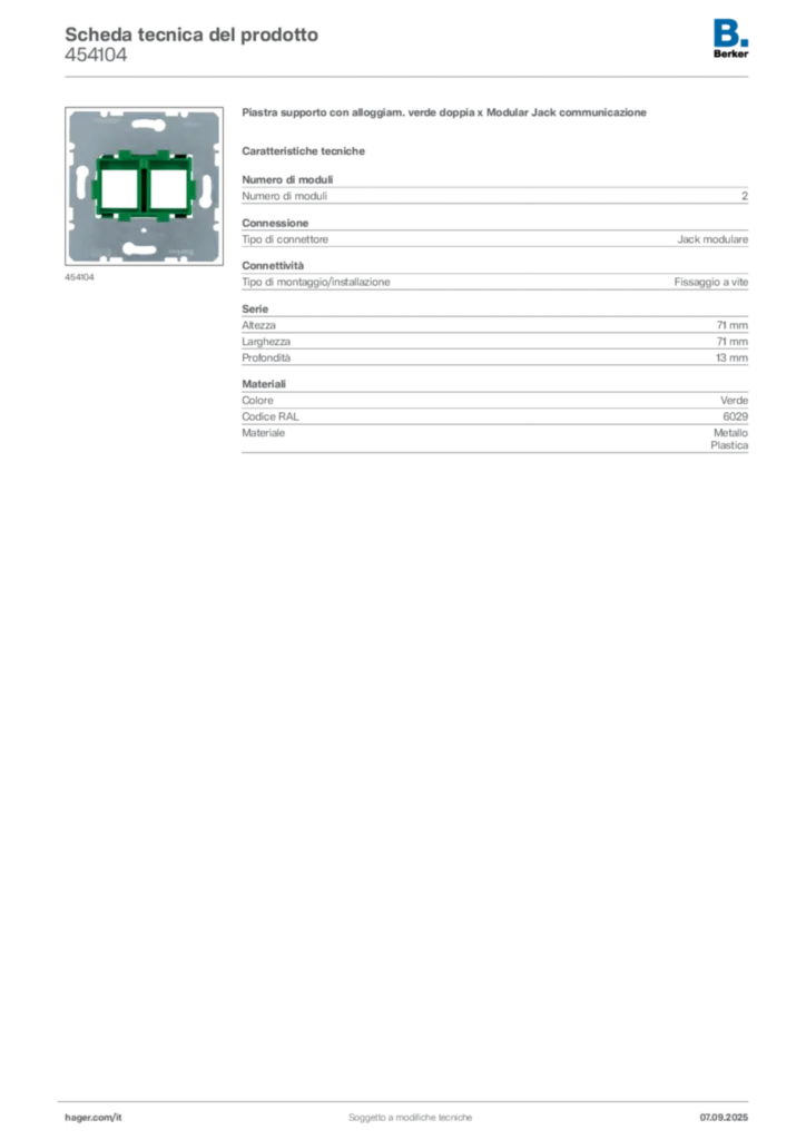 Immagine Berker Scheda tecnica del prodotto 454104 | Hager Italia