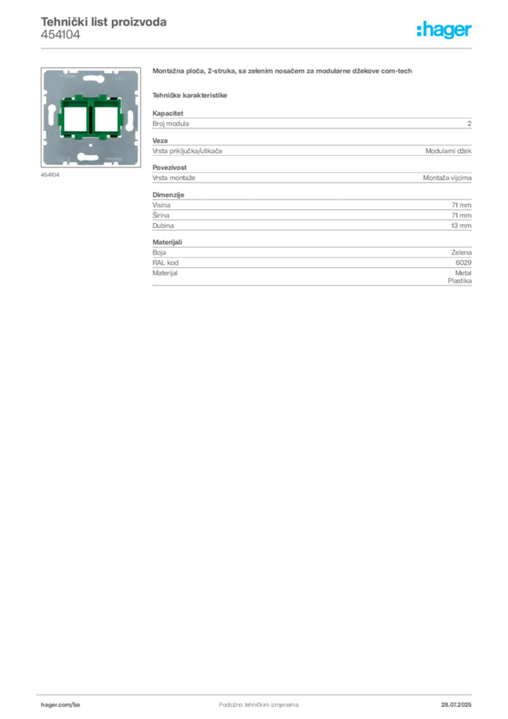 Slika Hager Product data sheet 454104  | Hager