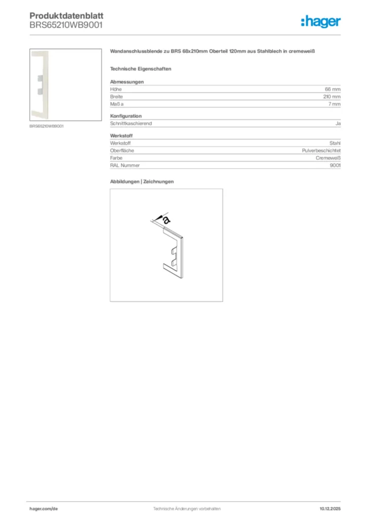 Bild Hager Produktdatenblatt BRS65210WB9001 | Hager Deutschland
