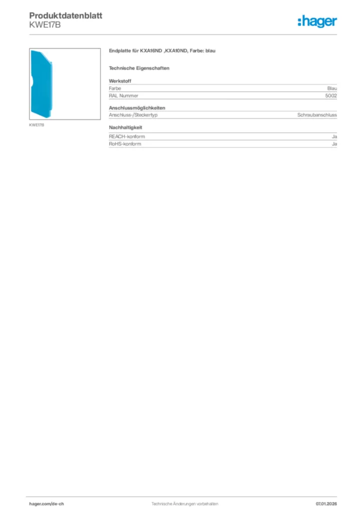 Bild Hager Produktdatenblatt KWE17B | Hager Schweiz