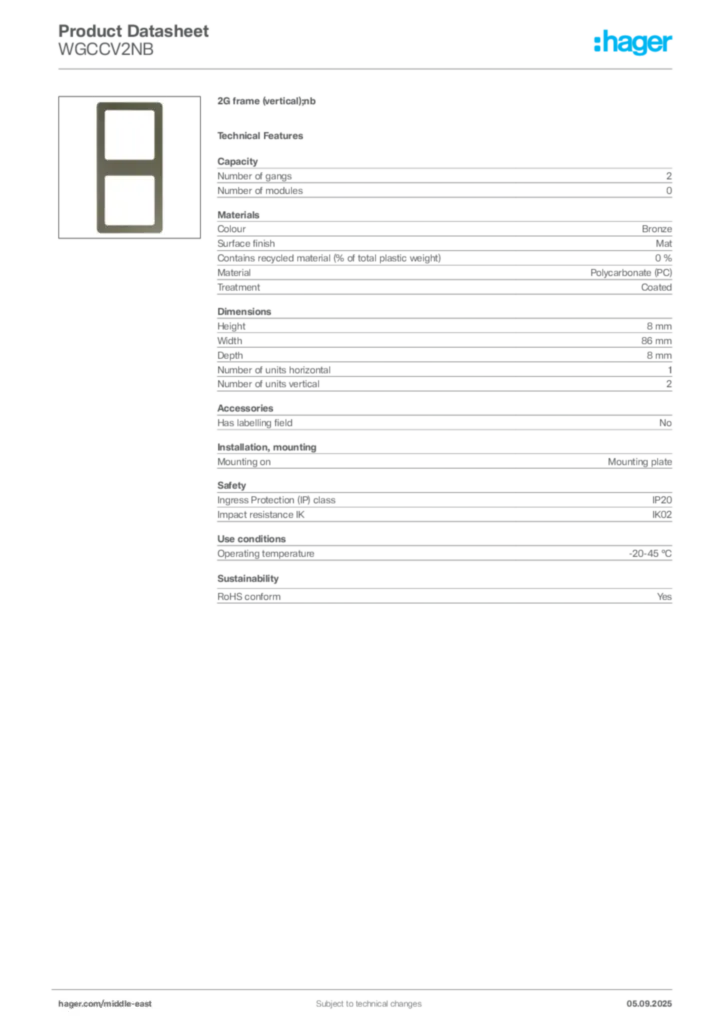 Image Hager Product data sheet WGCCV2NB  | Hager