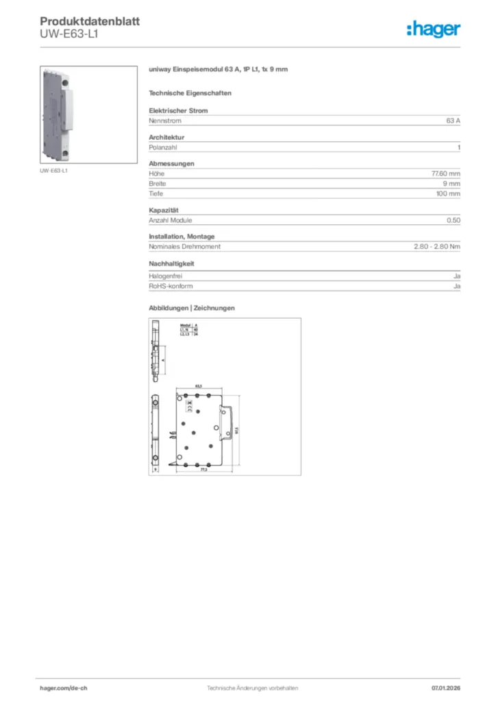 Bild Hager Produktdatenblatt UW-E63-L1 | Hager Schweiz