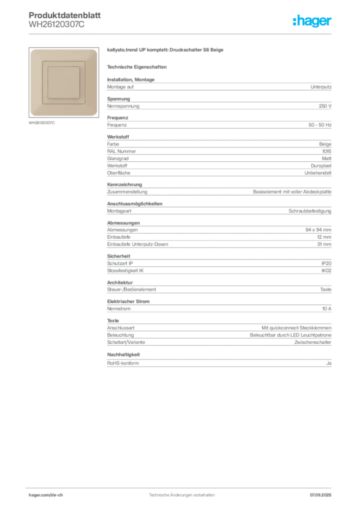 Bild Hager Produktdatenblatt WH26120307C | Hager Schweiz