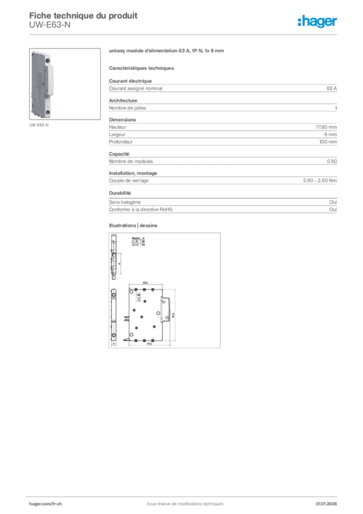 Image Hager Fiche technique du produit UW-E63-N | Hager Suisse