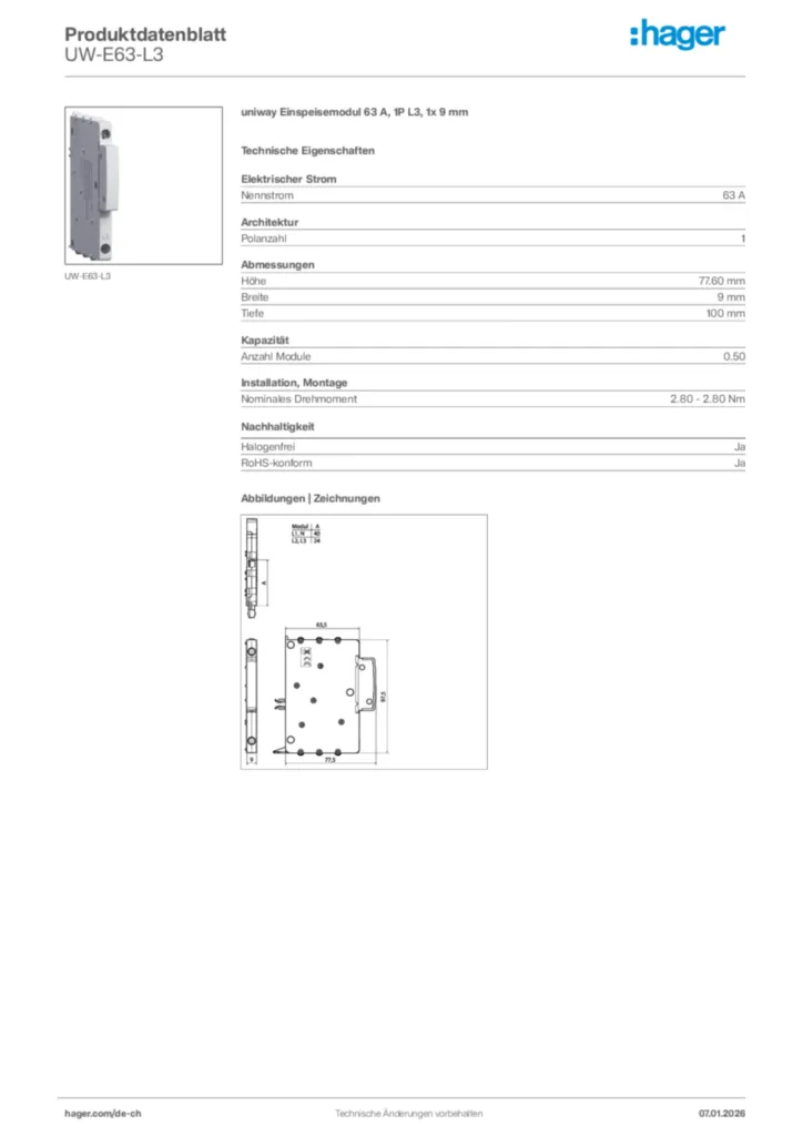 Bild Hager Produktdatenblatt UW-E63-L3 | Hager Schweiz