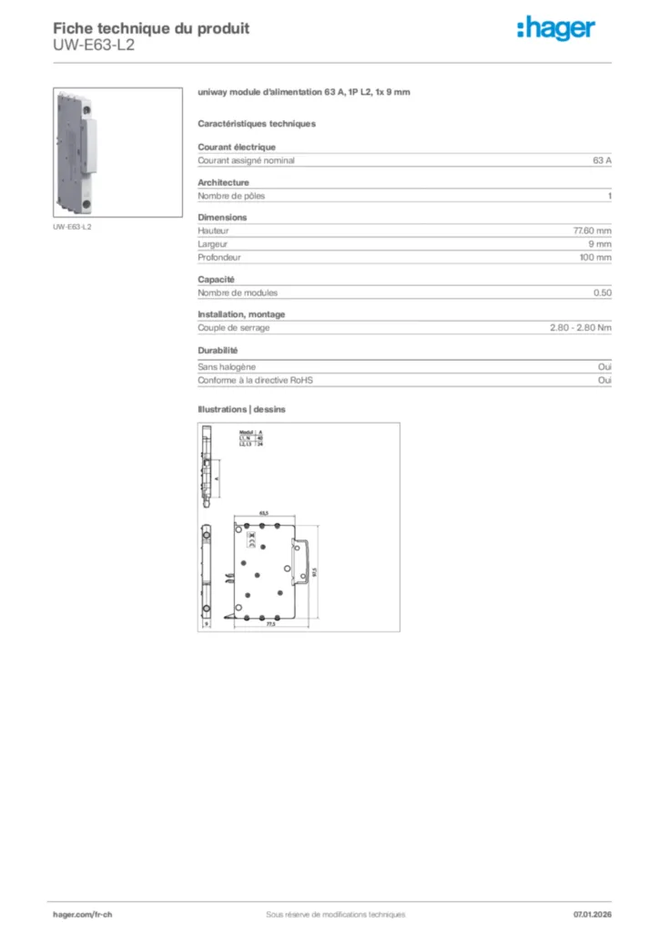 Image Hager Fiche technique du produit UW-E63-L2 | Hager Suisse