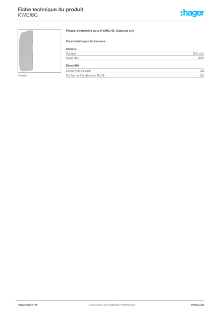 Image Hager Fiche technique du produit KWE16G | Hager Suisse