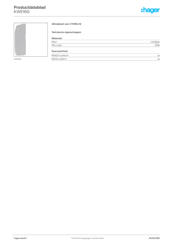 Afbeelding Hager Productdatablad KWE16G | Hager Nederland