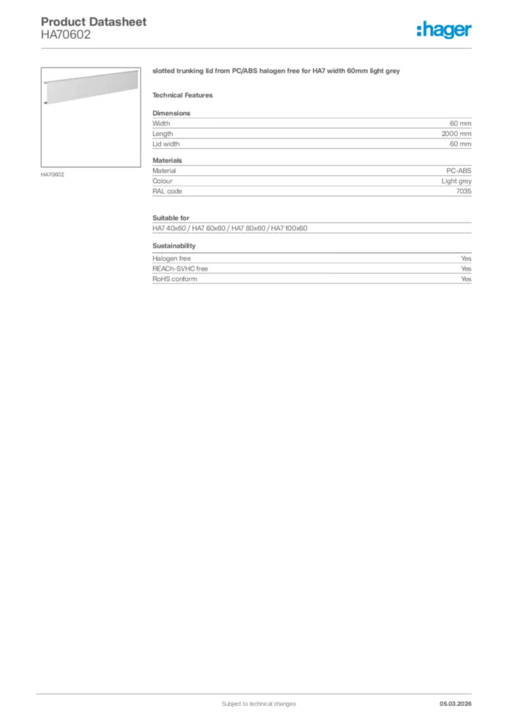 Image Hager Product data sheet HA70602  | Hager Africa