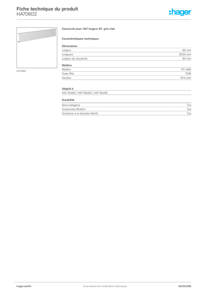 Image Hager Fiche technique du produit HA70602 | Hager France