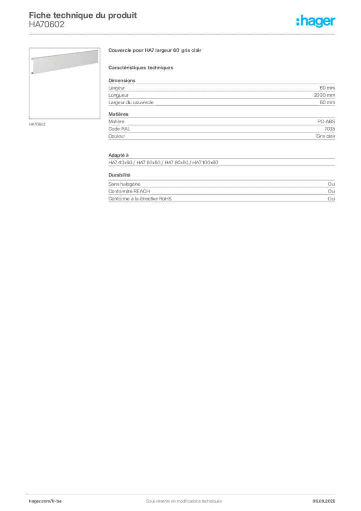 Image Hager Fiche technique du produit HA70602 | Hager Belgique
