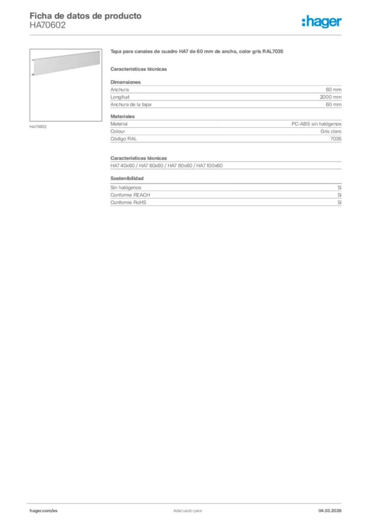 Imagen Hager Ficha de datos de producto HA70602 | Hager España
