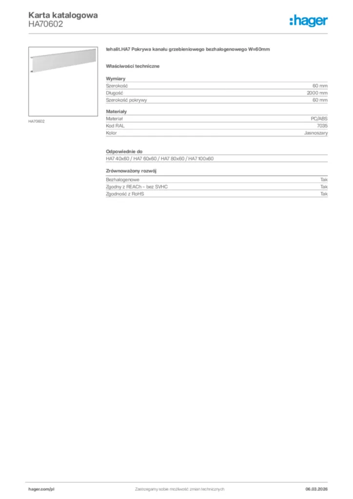 Zdjęcie Hager Karta katalogowa HA70602 | Hager Polska
