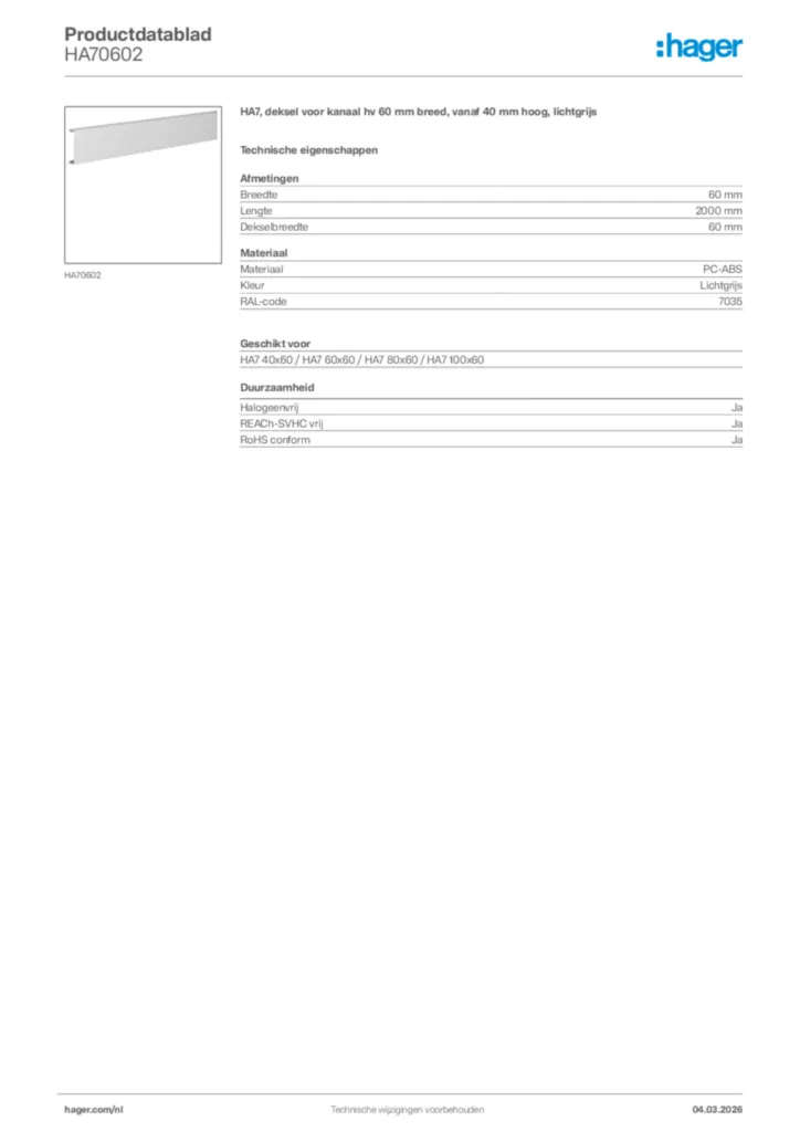Afbeelding Hager Productdatablad HA70602 | Hager Nederland