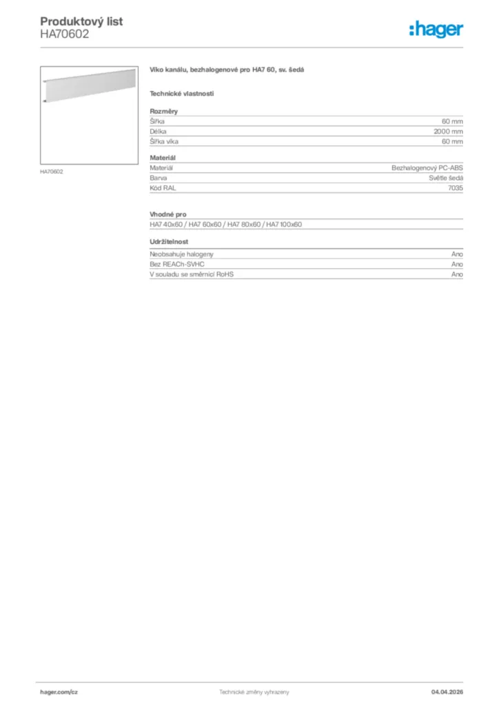 Obrázek Hager Product data sheet HA70602 | Hager
