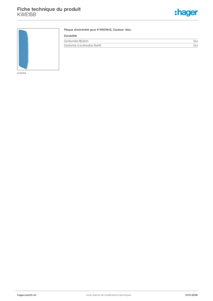 Image Hager Fiche technique du produit KWE15B | Hager Suisse