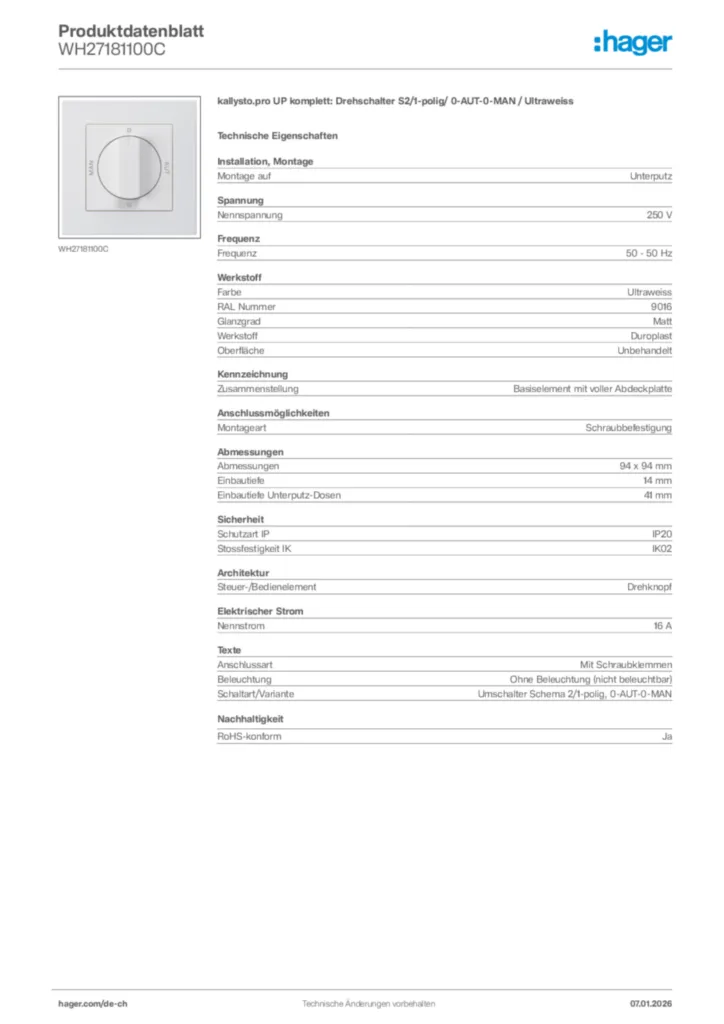 Bild Hager Produktdatenblatt WH27181100C | Hager Schweiz
