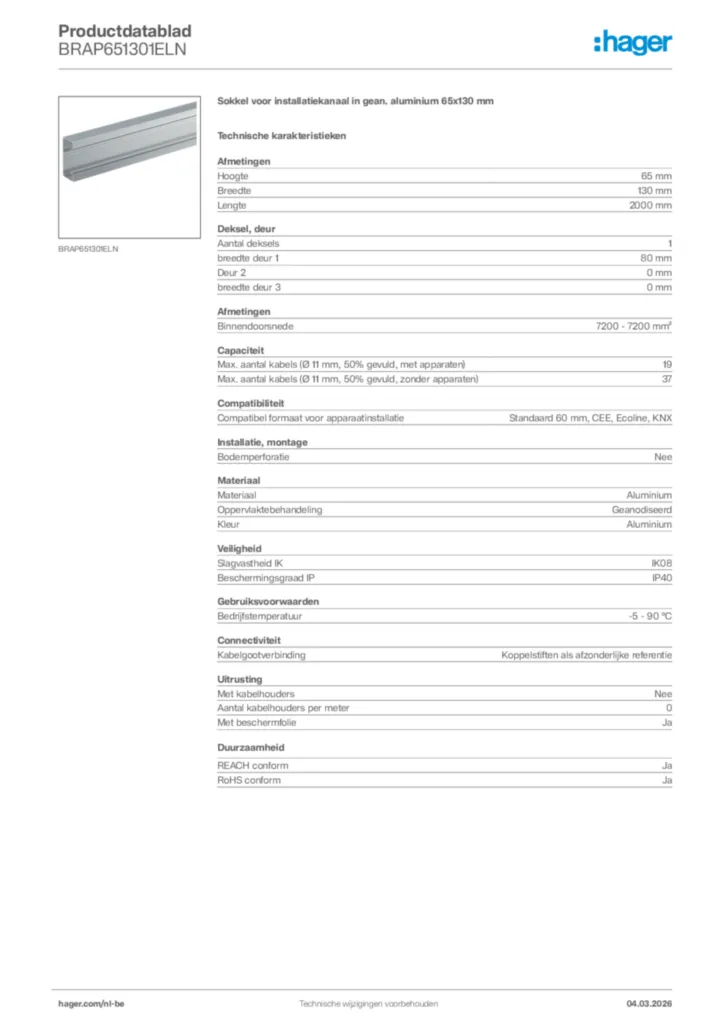 Afbeelding Hager Productdatablad BRAP651301ELN | Hager Belgium