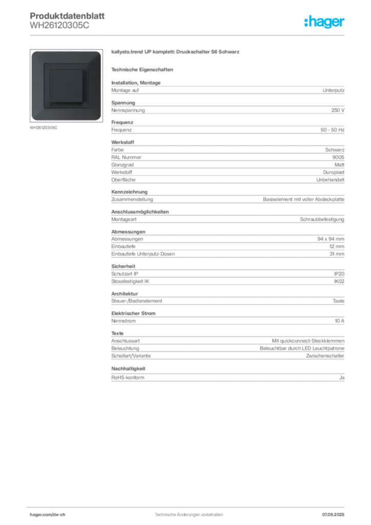 Bild Hager Produktdatenblatt WH26120305C | Hager Schweiz