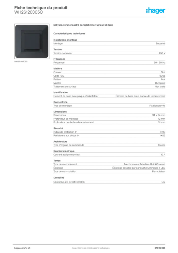 Image Hager Fiche technique du produit WH26120305C | Hager Suisse