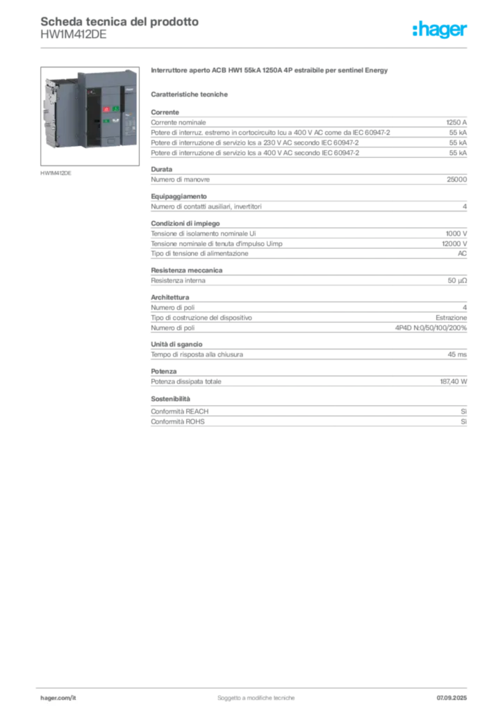 Immagine Hager Scheda tecnica del prodotto HW1M412DE | Hager Italia