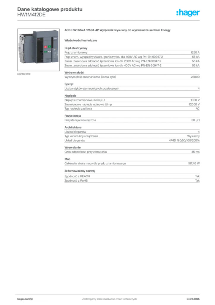 Zdjęcie Hager Dane katalogowe produktu HW1M412DE | Hager Polska