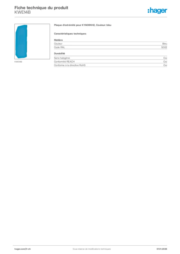 Image Hager Fiche technique du produit KWE14B | Hager Suisse