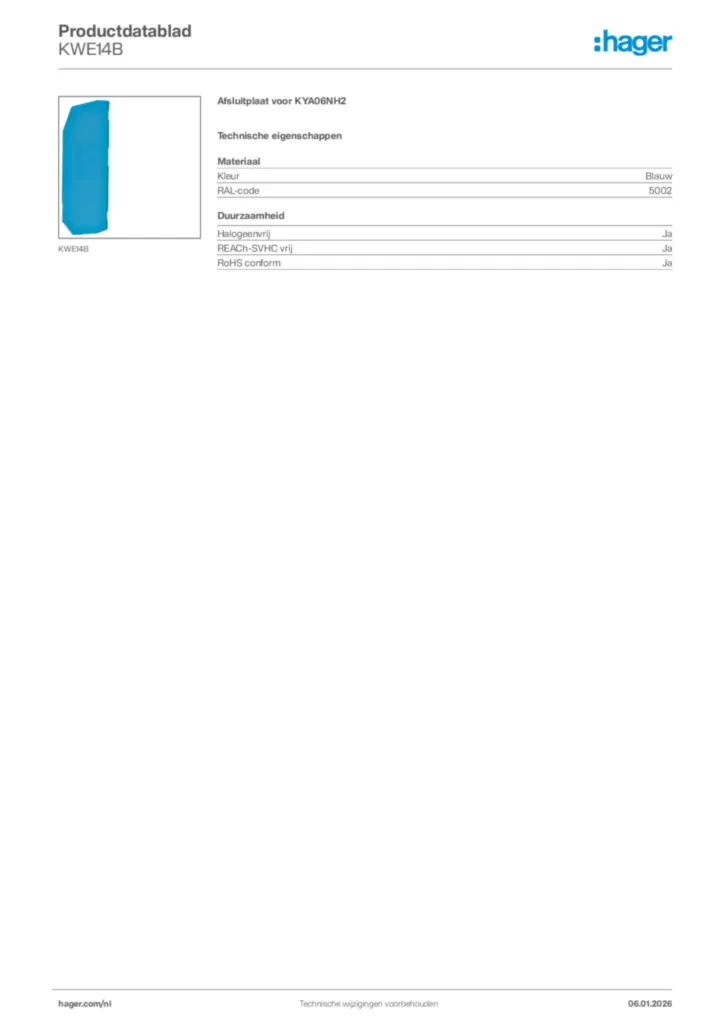 Afbeelding Hager Productdatablad KWE14B | Hager Nederland