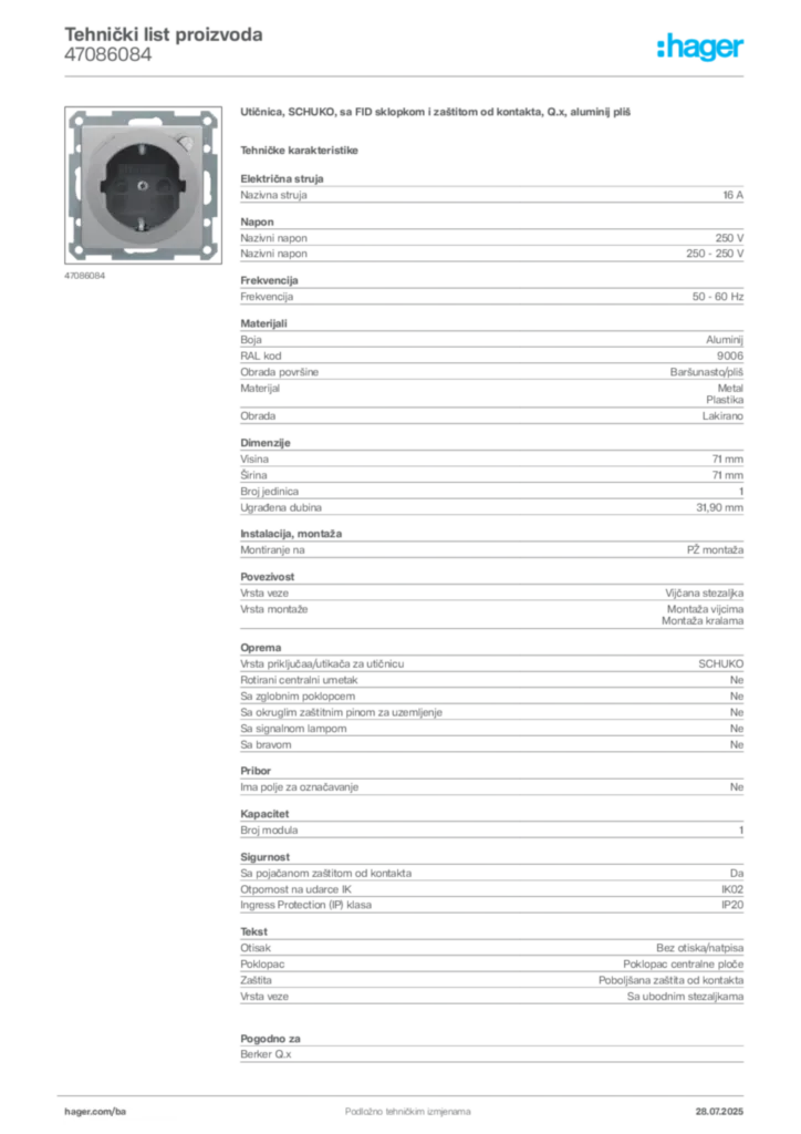 Slika Hager Product data sheet 47086084  | Hager