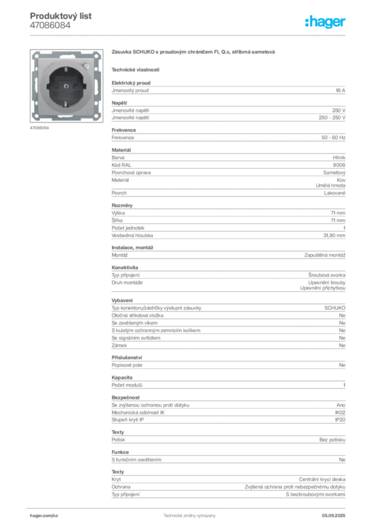 Obrázek Hager Produktový list 47086084 | Hager