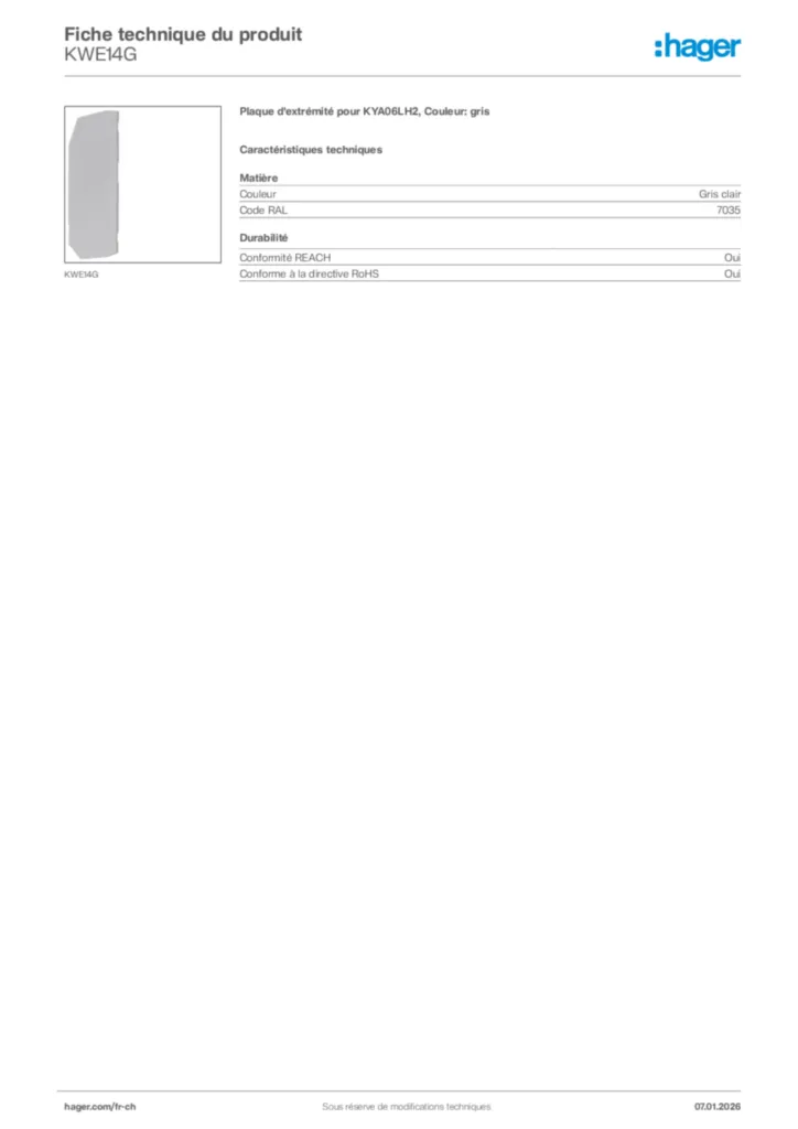 Image Hager Fiche technique du produit KWE14G | Hager Suisse