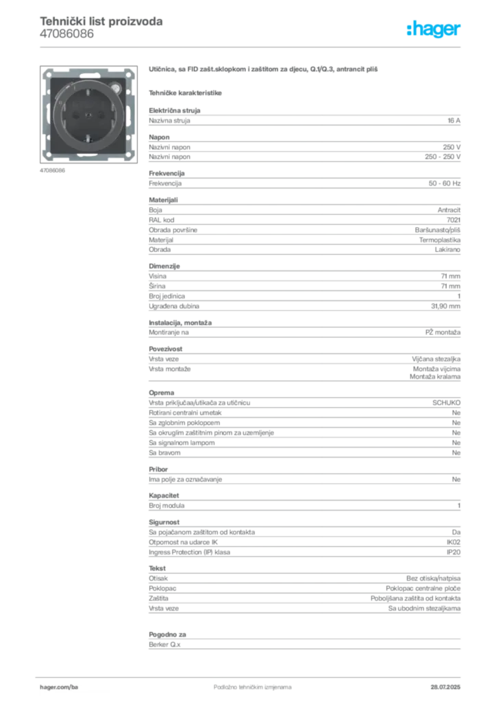 Slika Hager Product data sheet 47086086  | Hager