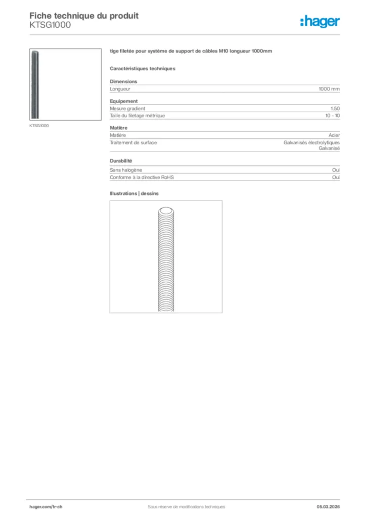 Image Hager Fiche technique du produit KTSG1000 | Hager Suisse