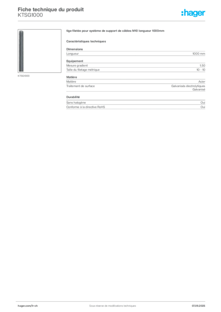 Image Hager Fiche technique du produit KTSG1000 | Hager Suisse