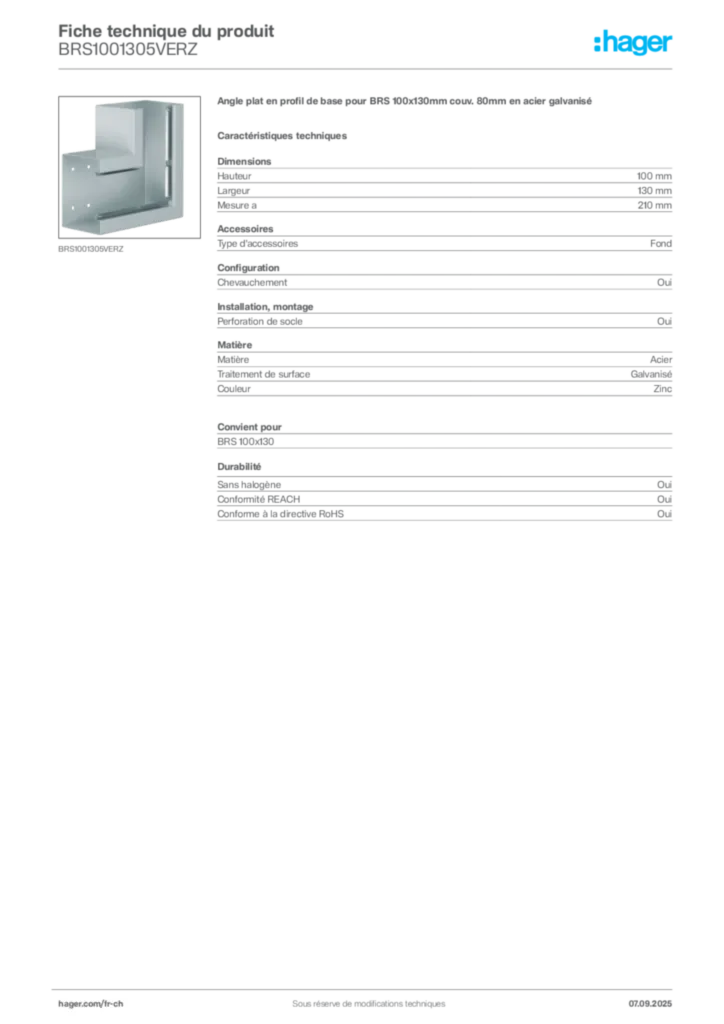 Image Hager Fiche technique du produit BRS1001305VERZ | Hager Suisse