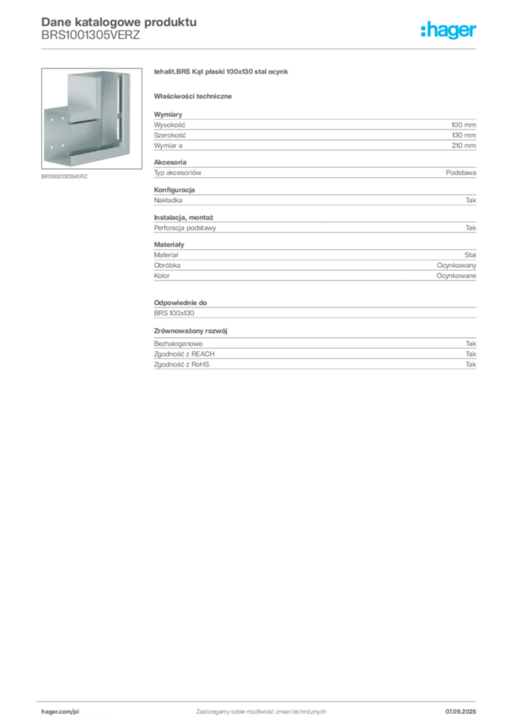 Zdjęcie Hager Dane katalogowe produktu BRS1001305VERZ | Hager Polska