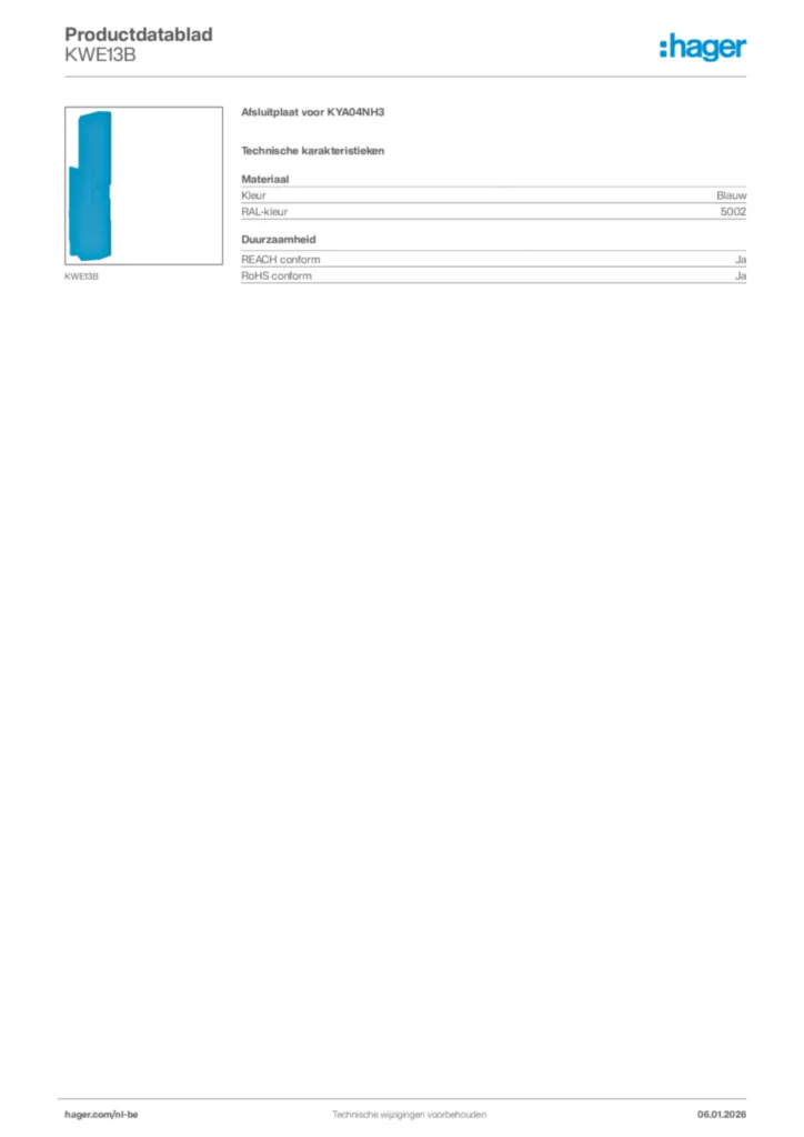 Afbeelding Hager Productdatablad KWE13B | Hager Belgium