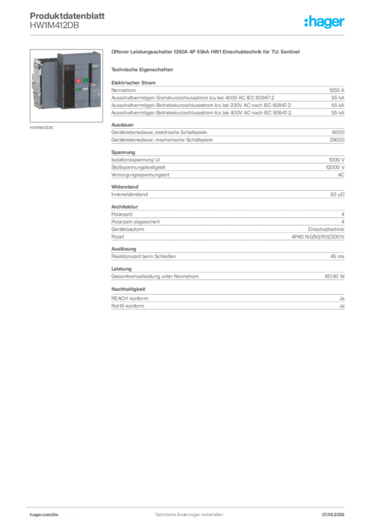 Bild Hager Produktdatenblatt HW1M412DB | Hager Deutschland