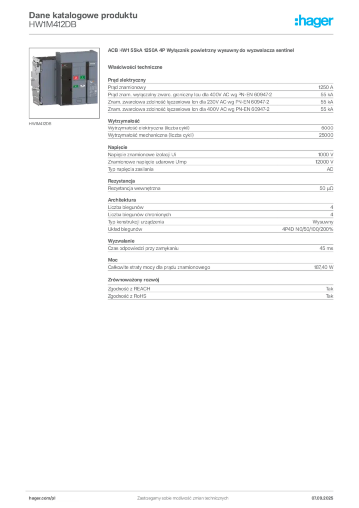Zdjęcie Hager Dane katalogowe produktu HW1M412DB | Hager Polska