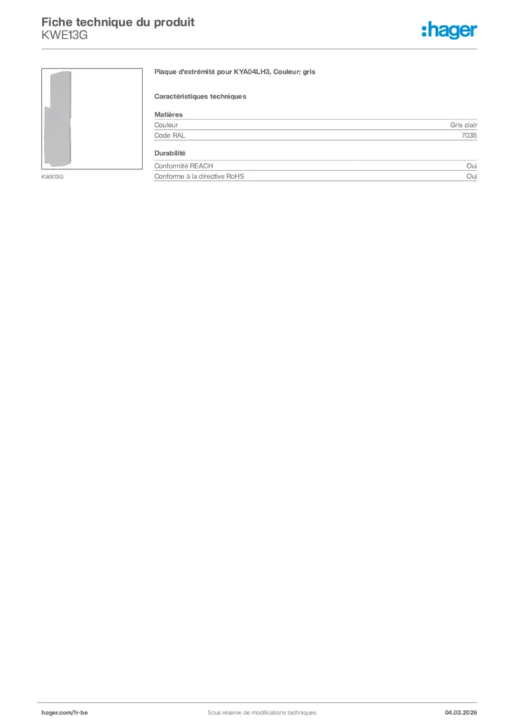 Image Hager Fiche technique du produit KWE13G | Hager Belgique