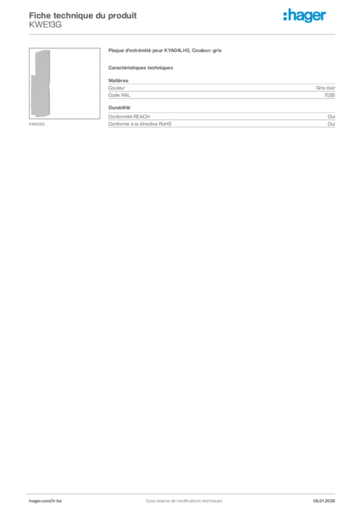 Image Hager Fiche technique du produit KWE13G | Hager Belgique