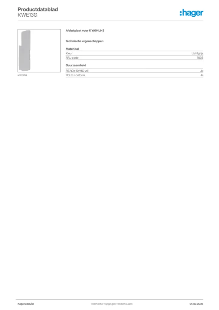 Afbeelding Hager Productdatablad KWE13G | Hager Nederland