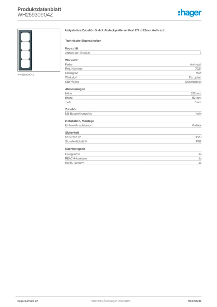 Bild Hager Produktdatenblatt WH25930904Z | Hager Schweiz